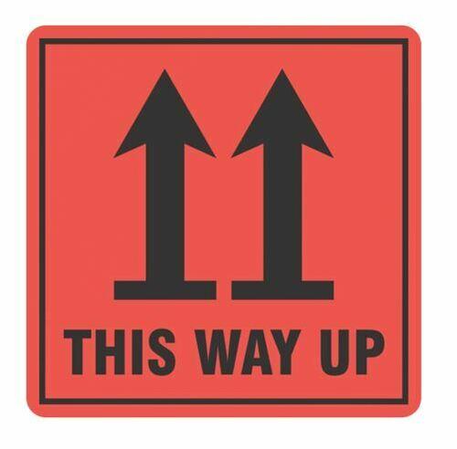 This Way Up Handling Label - Orange/Black, 99mm x 99mm Carton 12