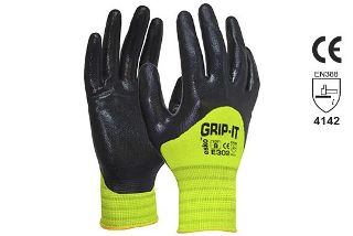 GRIP-IT\' Black nitrile 3/4 dip coating with Hi-vis nylon liner, Size 9 - Esko